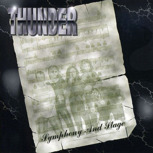 CD cover for Thunder’s “Symphony And Stage” with band photo and sheet music.