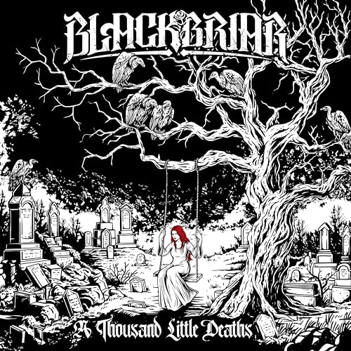 Black and white album cover with a tree, birds, graveyard, and figure.