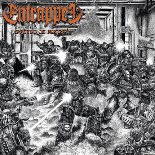 Black and white album cover depicting armored figures in a chaotic battle.