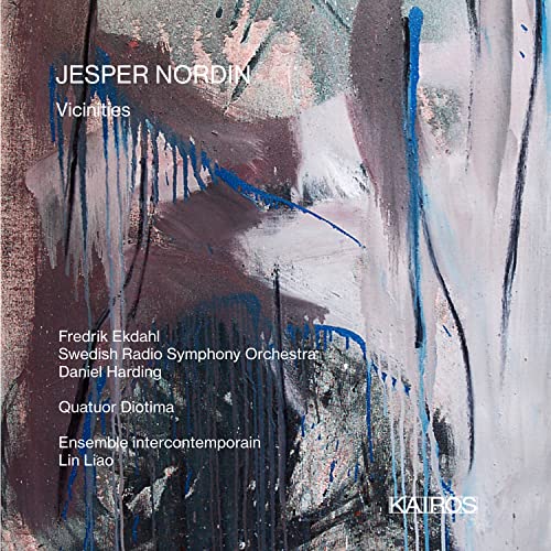 CD cover for Jesper Nordin’s “Vicinities” with abstract blue and grey paint strokes.