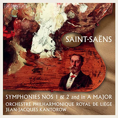 CD cover featuring a portrait of composer Camille Saint-Saëns and abstract art.