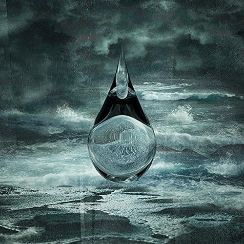 Dark album cover featuring a teardrop shape over stormy ocean waves.