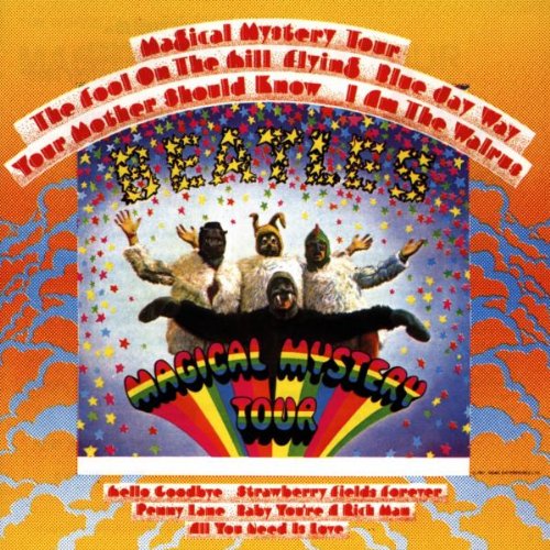 The Beatles’ “Magical Mystery Tour” CD cover with colorful, surreal imagery.