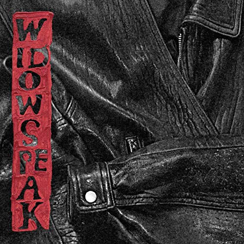 Black leather jacket with red "Widowspeak" text vertically on the left.