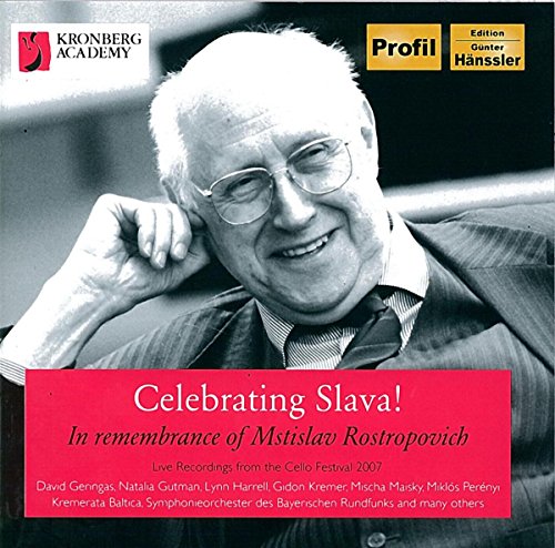Portrait of Mstislav Rostropovich in glasses, with "Celebrating Slava!" text.