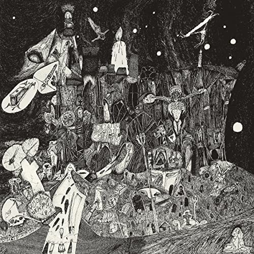Black and white illustration of figures in a surreal, detailed landscape.