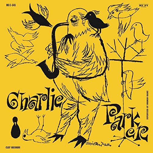 Yellow vinyl record cover with black illustration of a bird playing saxophone.