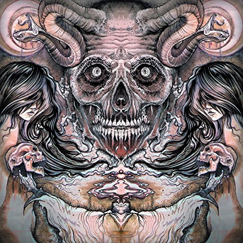 Skull with horns and flanking figures in detailed black and white illustration.