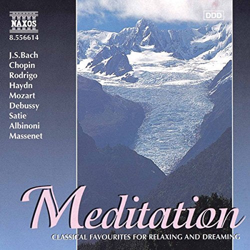 CD cover for "Meditation" featuring snowy mountains and text in pink.