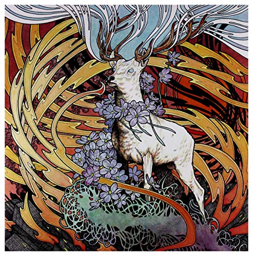 White stag with floral adornments amidst swirling, colorful abstract patterns.