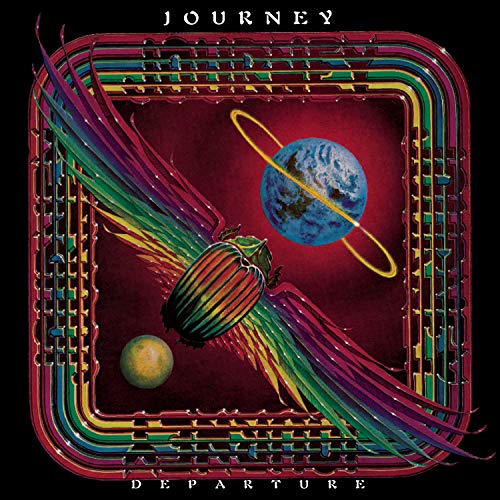 Journey's "Departure" album cover: planet, beetle, and colorful abstract design.