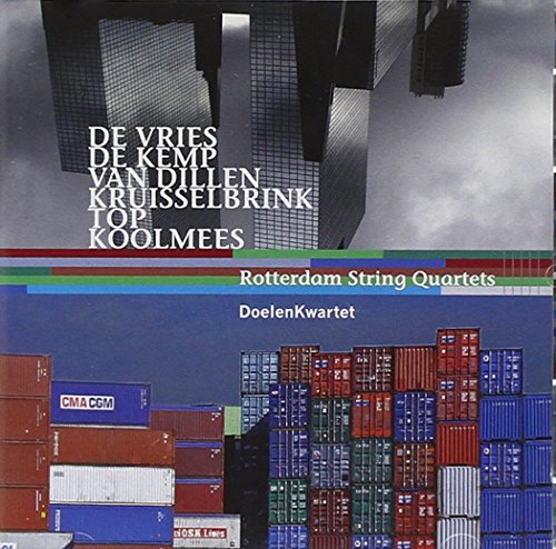 CD cover for "Rotterdam String Quartets" with abstract shipping container imagery.