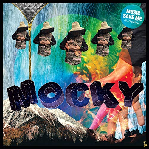 Mocky album cover: repeating figure with hat, zipper, and fiery landscape.