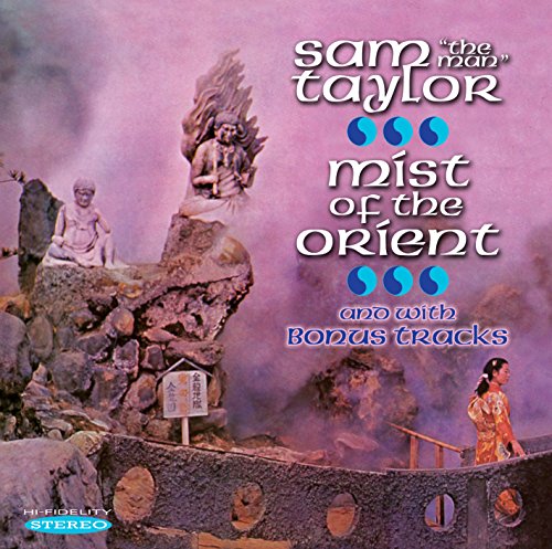 CD cover featuring statues, a woman in a kimono, and purple mist background.