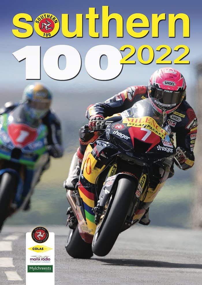 Two motorcycle racers speeding on a track, with Southern 100 2022 text overlay.