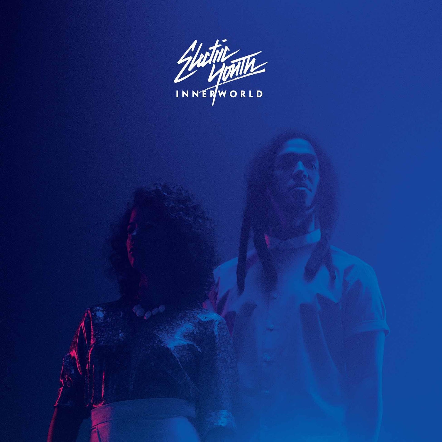 Album cover for Electric Youth’s “Innerworld” featuring two people in blue tones.