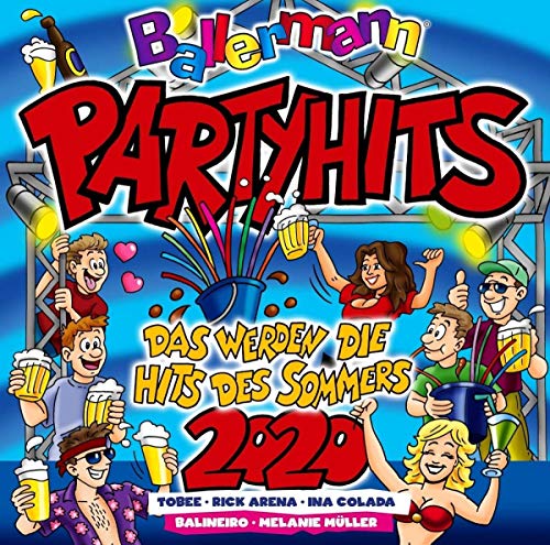 CD cover for “Ballermann Partyhits 2020” featuring cartoon people and beer mugs.