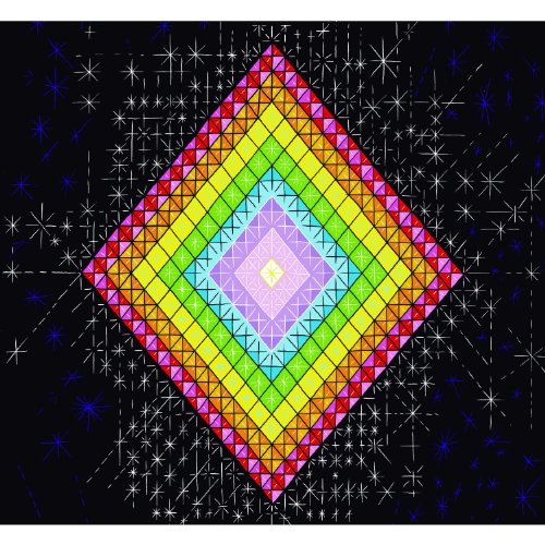 Colorful geometric diamond pattern on a black background with stars.