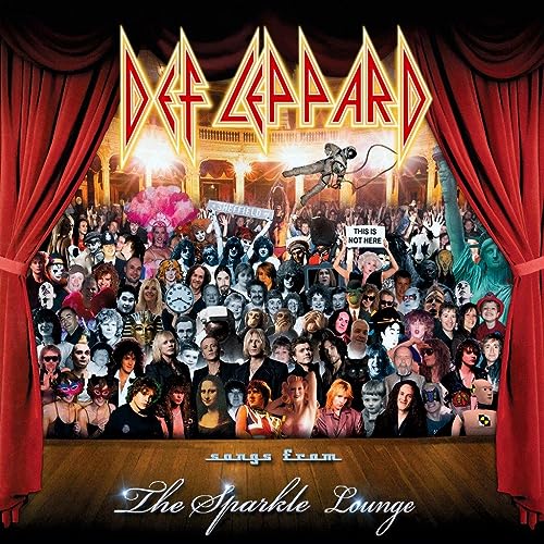 Def Leppard album cover: a crowded stage scene framed by red curtains.