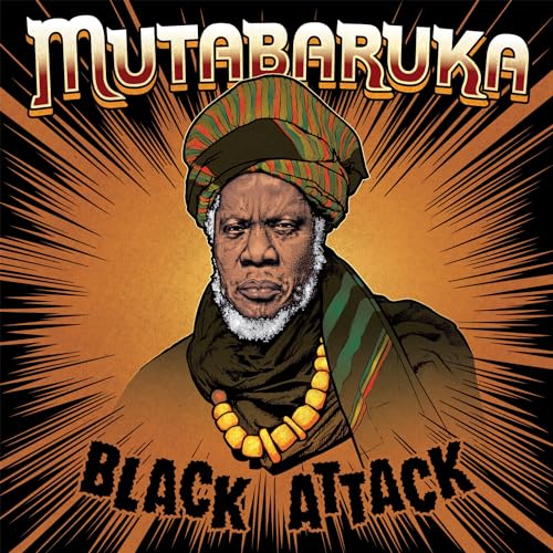 Portrait of Mutabaruka wearing a striped hat, album cover “Black Attack”.