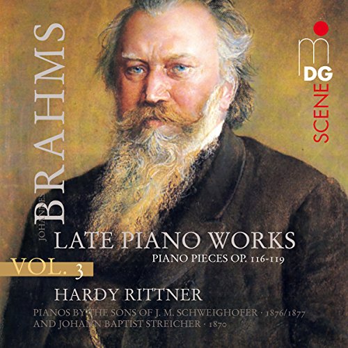 CD cover featuring a portrait of Johannes Brahms, composer of piano works.