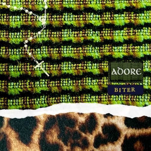 Album cover with rosary beads, leopard print, and textured green background.