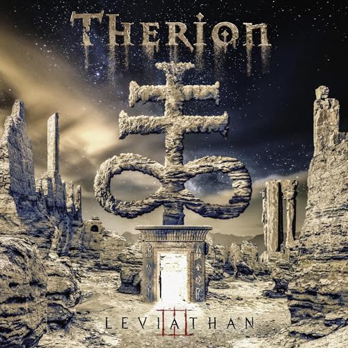 Album cover for Therion’s Leviathan III, featuring a cross-like symbol and ruins.