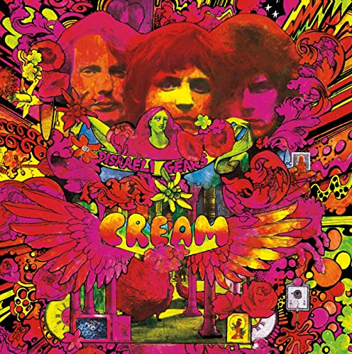 Psychedelic album cover art for Cream's Disraeli Gears featuring band portraits and vibrant patterns.