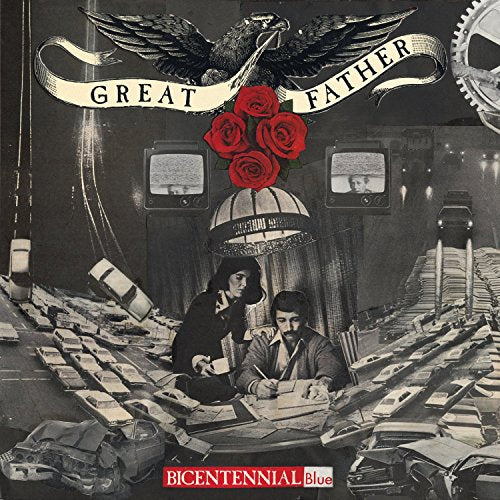 Album cover: eagle, roses, people, and televisions in grayscale with blue text.