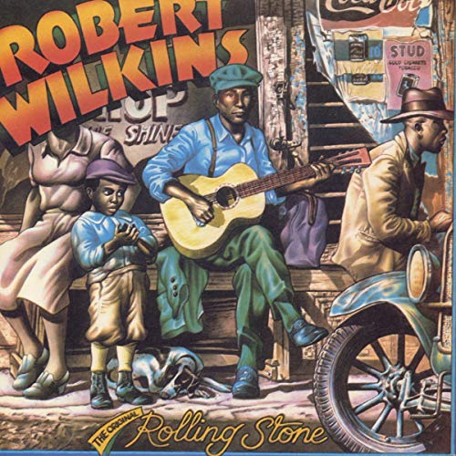 CD cover featuring Robert Wilkins and musicians with a vintage motorcycle.