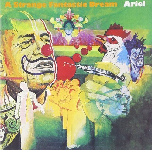 Surreal album cover with faces, a rooster, and floating red spheres.