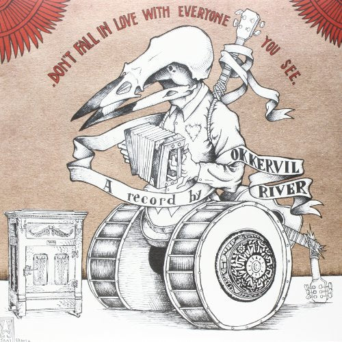 Okkervil River album cover: bird skull figure with instruments, sketched style.