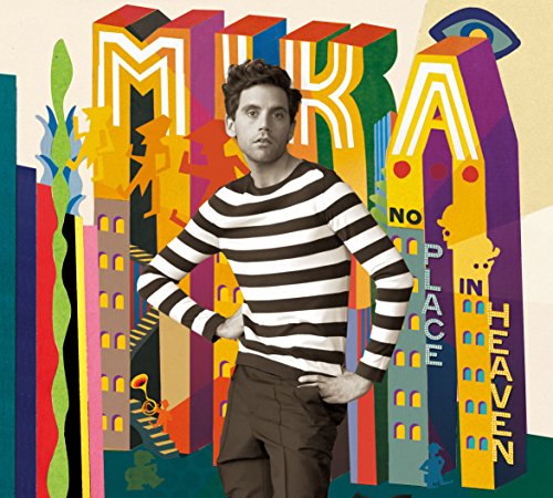 Mika album cover: artist in striped shirt, colorful geometric background.