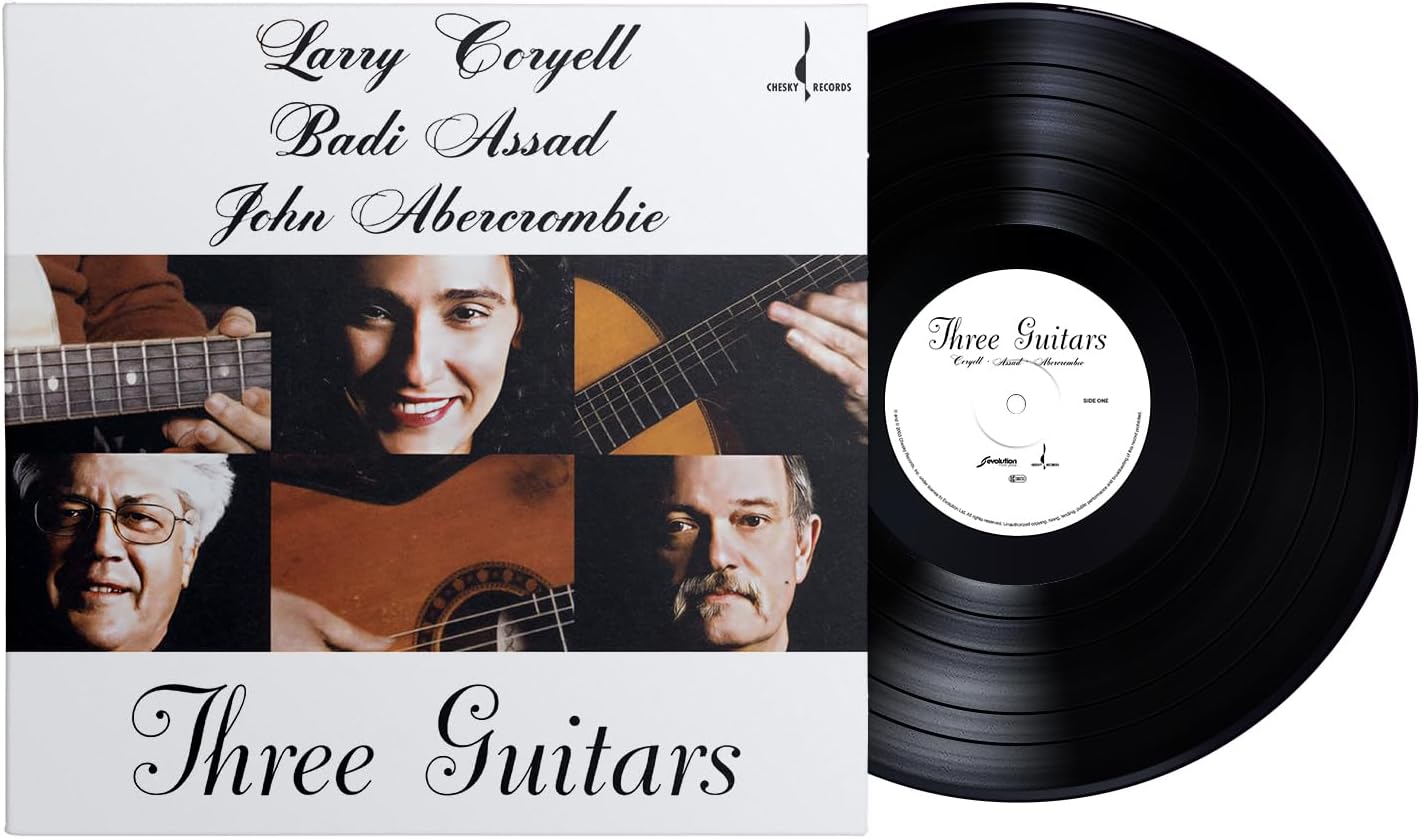 Vinyl record of a jazz album featuring three guitarists: Coryell, Assad, Abercrombie.