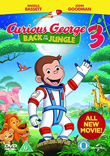 Curious George in a spacesuit waves, surrounded by jungle animals.