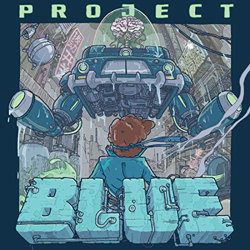 Vinyl album cover: robotic figure and cityscape in blue tones.