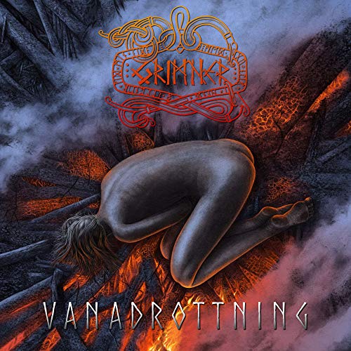 Album cover: kneeling figure amidst fiery, smoky landscape with ornate text.