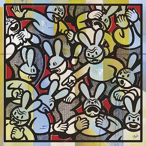 Album cover with multiple cartoon bunny figures in blue, yellow, and red.