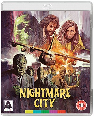 Blu-ray cover art for Nightmare City featuring a plane, a skull, and zombie figures.
