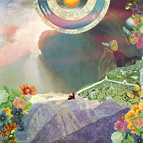 Surreal collage album cover with mountains, butterflies, and celestial imagery.