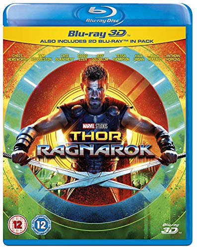 Blu-ray cover for "Thor Ragnarok" featuring Chris Hemsworth as Thor with swords.