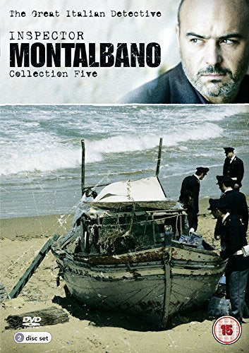 DVD cover for “Inspector Montalbano Collection Five” featuring a detective and beach scene.