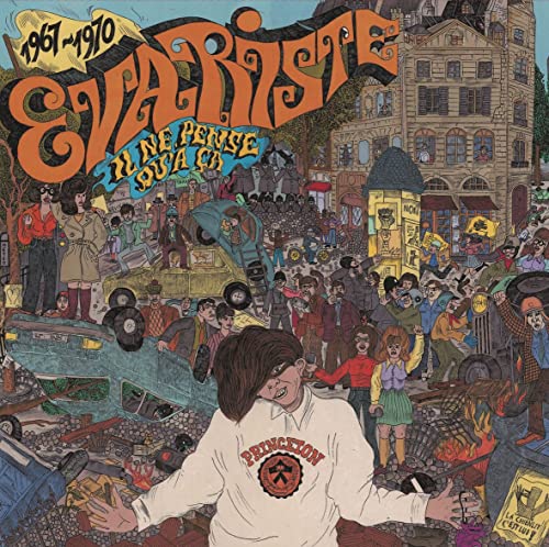 Album cover: colorful illustration of a crowded street scene, man in foreground.