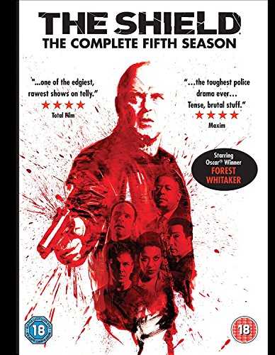 The Shield" Season 5 DVD cover with dramatic red paint splatters and cast faces.