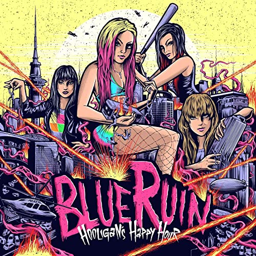 CD cover: four women with a baseball bat amidst a burning city.