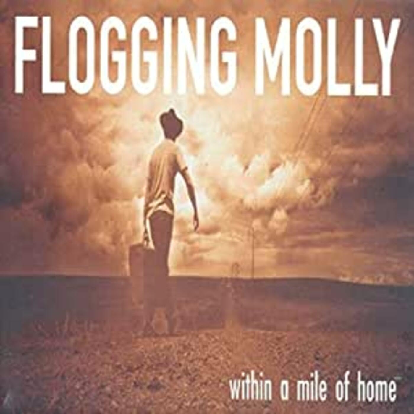 Flogging Molly album cover: man with suitcase under cloudy sky.