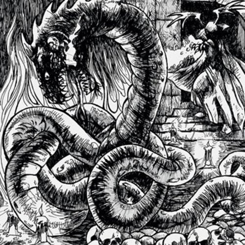 Black and white ink drawing of a large serpent coiled among skulls and candles.