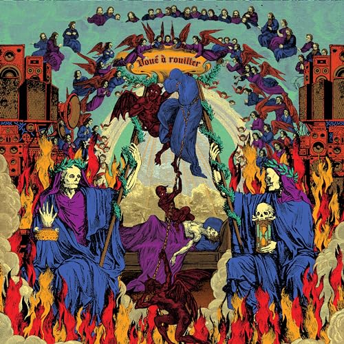 Album cover with skeletal figures, demons, and flames in blue and red tones.