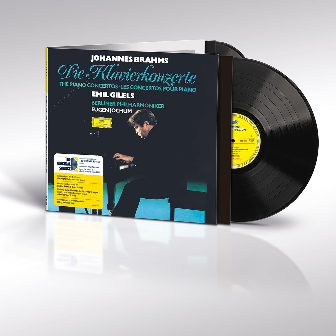 Brahms piano concertos vinyl record featuring Emil Gilels and Eugen Jochum.