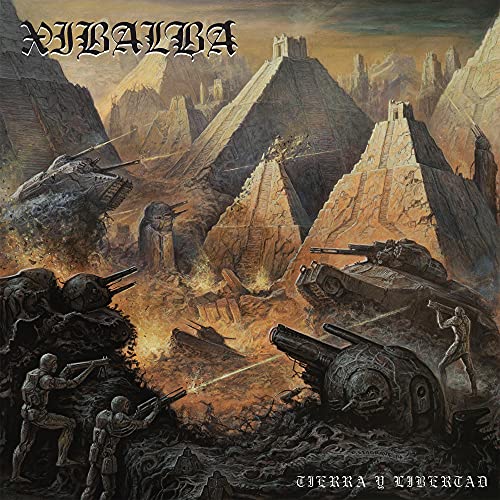 CD cover art: war scene with tanks and pyramids in a desolate landscape.